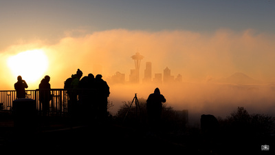 Sunrise over fog-filter Seattle